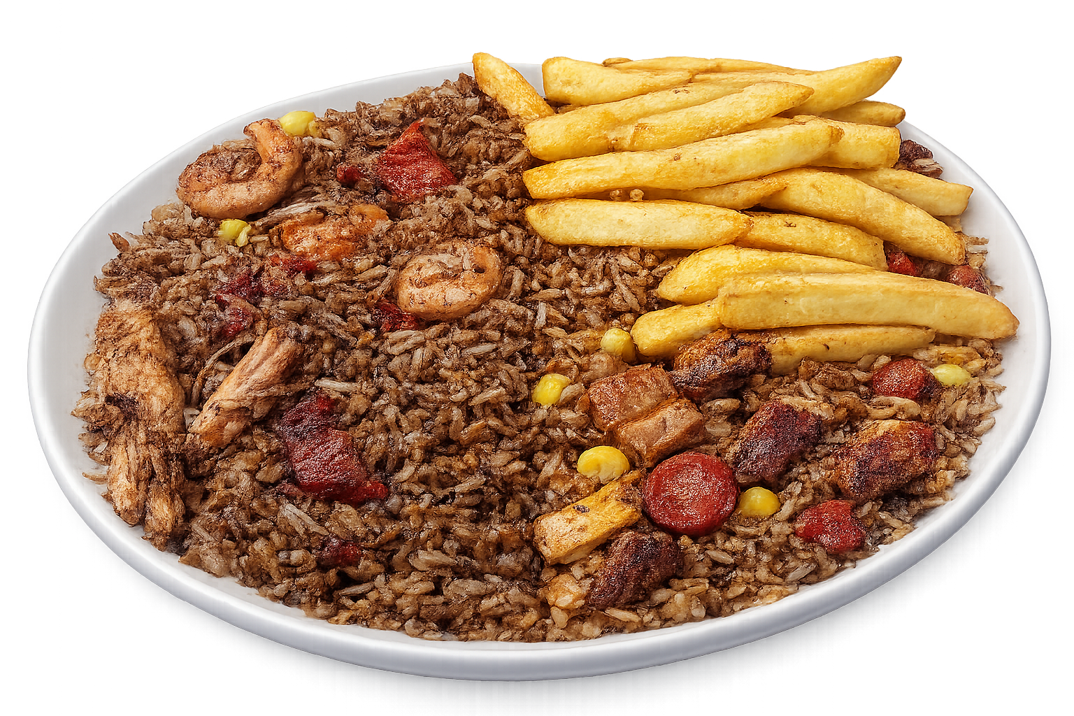 Plato JackyChina: mitad arroz chino con camarones, mitad arroz paisa con chicharrón y papas a la francesa